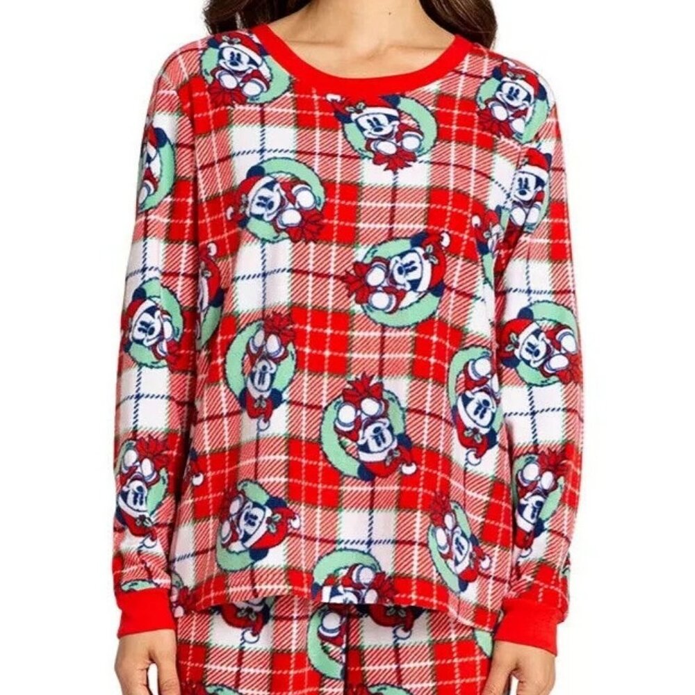 Briefly Stated Women's Mickey Mouse Fleece Pajama Top, Red Plaid, Small